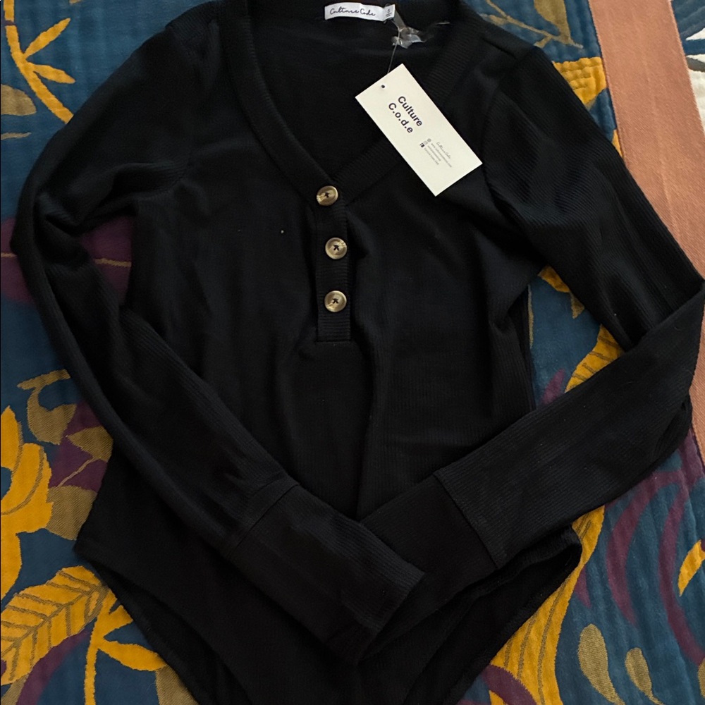 Culture Code Black Knit Buttoned Bodysuit, small